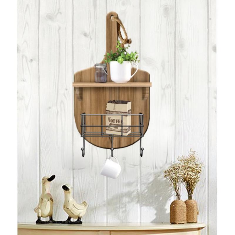 wood cutting board wall shelf with metal organizer