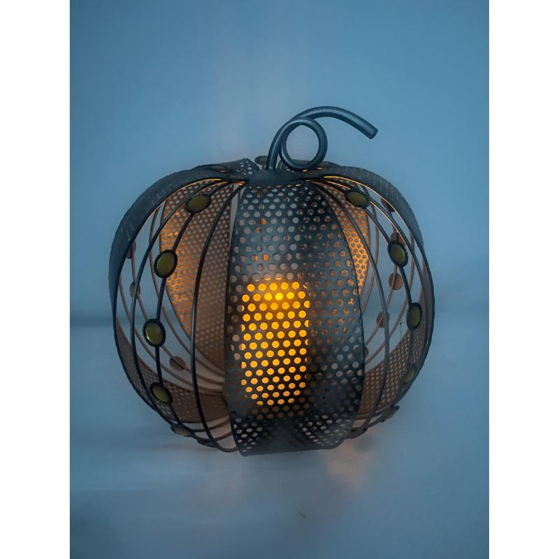 Elements Black Metal Wire Pumpkin with Leaves and LED Pillar Candle