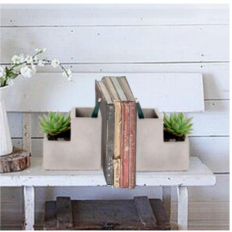 L-Shaped Resin Decorative Bookends with Planted Artificial Succulent Plants