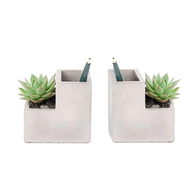 L-Shaped Resin Decorative Bookends with Planted Artificial Succulent Plants