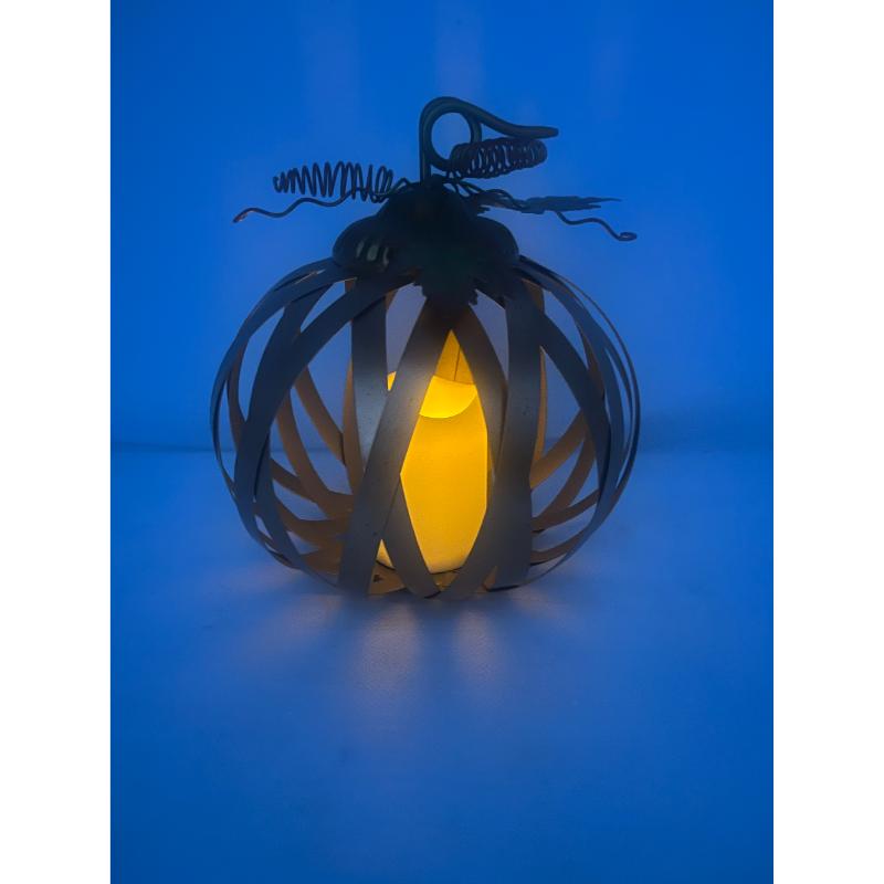 Elements Black Metal Wire Pumpkin with Leaves and LED Pillar Candle