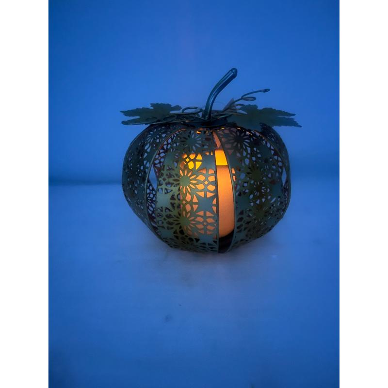 Elements Black Metal Wire Pumpkin with Leaves and LED Pillar Candle