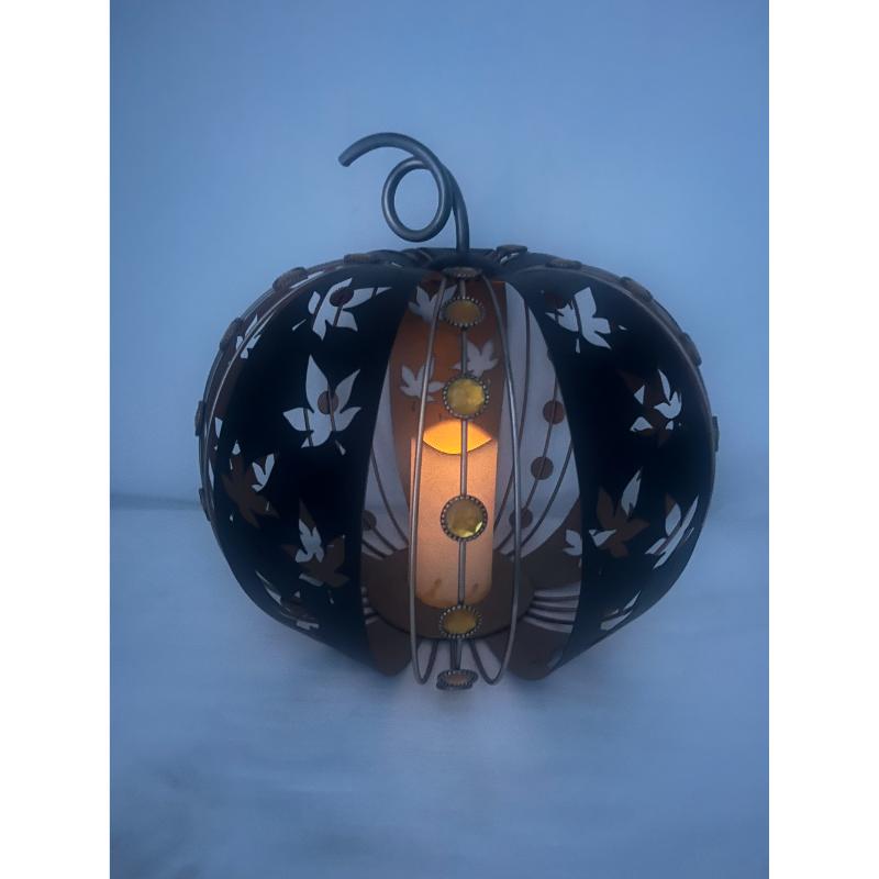 Elements Black Metal Wire Pumpkin with Leaves and LED Pillar Candle